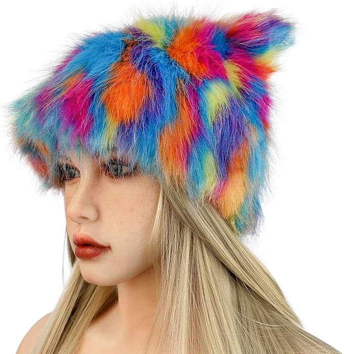 PURFUN Colorful Faux Fur Earflap Hats with Cat Ear, Adults Cosplay Halloween Animal Theme Wolf Cat Hooded Hat Costume Caps