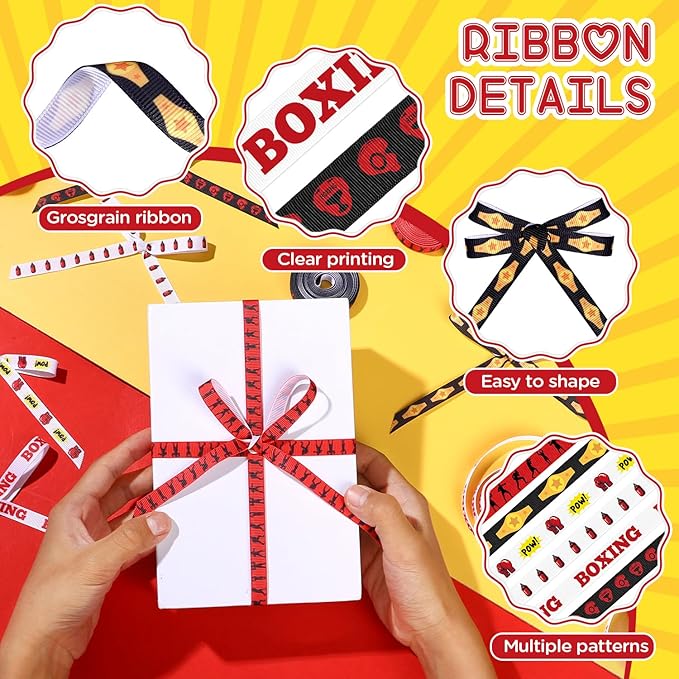 6 Pieces Boxing Ribbon Set, Boxing Theme Grosgrain Ribbons, 3/8inch x 30 Yard Sandbags Ribbon, Black and Red Decorative Ribbons for Gift Wrapping DIY Birthday Party Favor Decorations