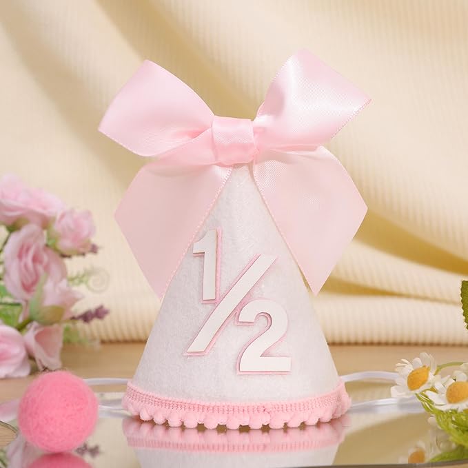 Pink Bow 1/2 Birthday Hat- Pink half Birthday hat, Princess 1st Birthday Supplies,Half Birthday Decorations for Girls