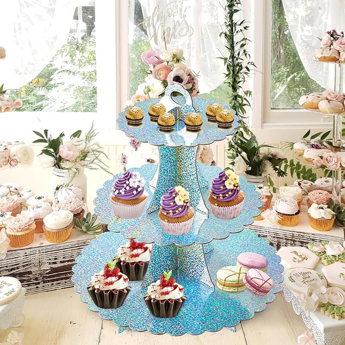 Soleebee 3-Tier Cupcake Stand, Cardboard Cupcake Tower, Dessert Cup Cake Stand Tower for Birthday Wedding Party Decoration, Cupcake Tier Stand 2 Set (Glitter AB Color)