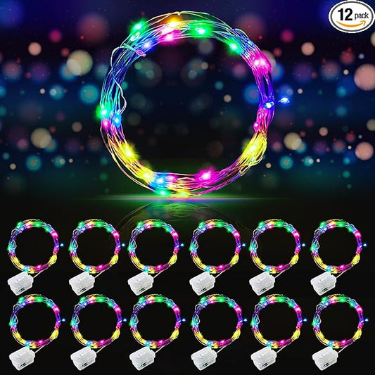 AIKEI 12 Pack Led Fairy Lights Battery Operated String Lights Waterproof Silver Wire 7 Feet 20 Led Firefly Starry Moon Lights for DIY Wedding Party Bedroom Patio Christmas Rainbow Color