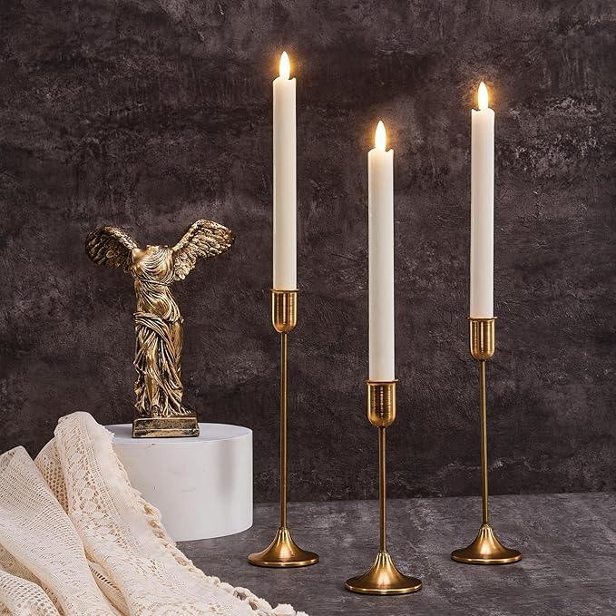 Brass Gold Candlestick Holders, Metal Taper Candle Holders Set of 6, Vintage Modern Candle Sticks Holder Decor for Table Centerpiece, Fireplace Mantel Wedding Housewarming Gift, Candlelit Dinner Décor