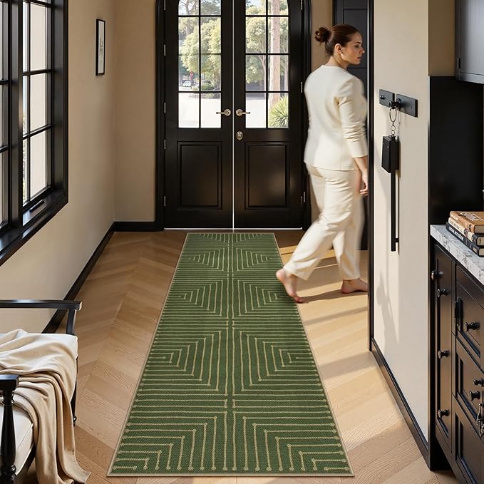 Lahome Neutral Geometric Green Runner Rug for Hallway, 2x8 Washable Kitchen Entryway Runner, Farmhouse Rhombus Low Pile Non Shedding Indoor Outdoor Carpet for Laundry Room