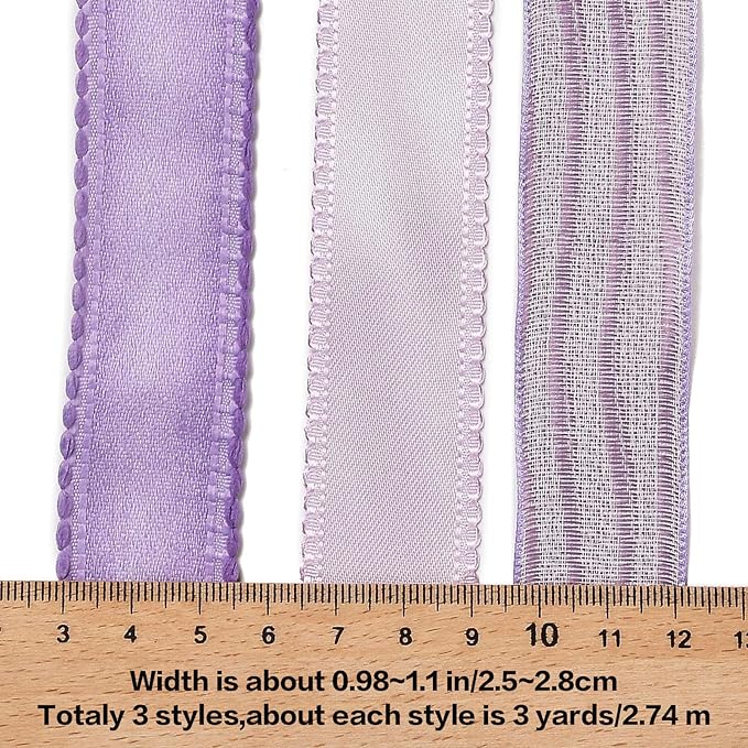 BEEFLYING 3 Styles Lavender Wire Edged Ribbons for Gift Wrapping, 25~28mm×2.7m Satin Ribbons for Wedding Party Decoration Hair Bows Flower Bounquet Sewing and Craft, 9 Yards