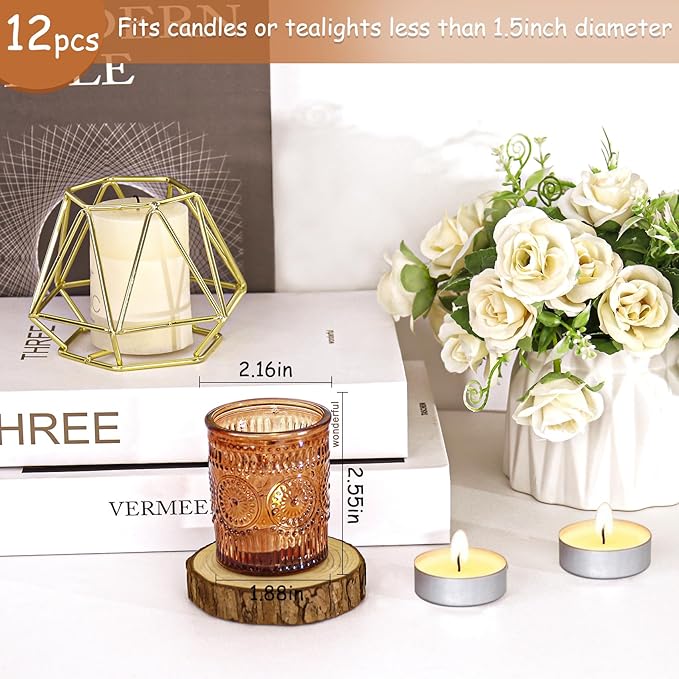 12 Pcs Amber Glass Votive Candle Holders, Tealight Candle Holders for Table Centerpieces, Vintage Candle Holder Bulk, Boho Wedding, Home, Bridal Shower, Birthday Party Table Decor (Amber)