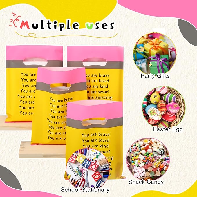 Coume 100 Sets End of the Year Gifts Bags for Students 6 Colors Inspiration Quotes Plastic Party Favors Treat Bags with Handles Birthday Party Favors, 6" x 8"