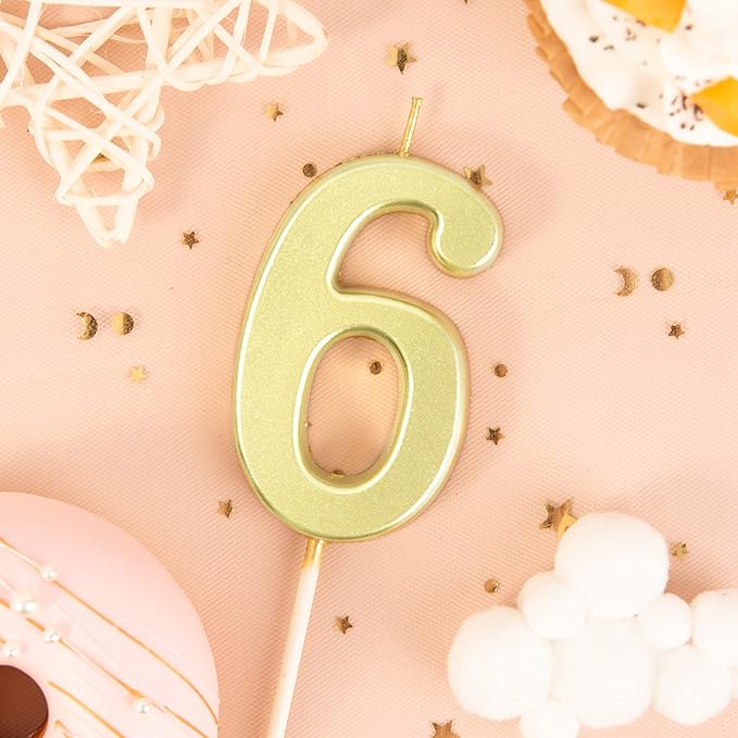 PHD CAKE 2.76 Inch Modern Gold 6 Number Birthday Candles, Gold Number Candles, Cake Number Candles, Party Celebration