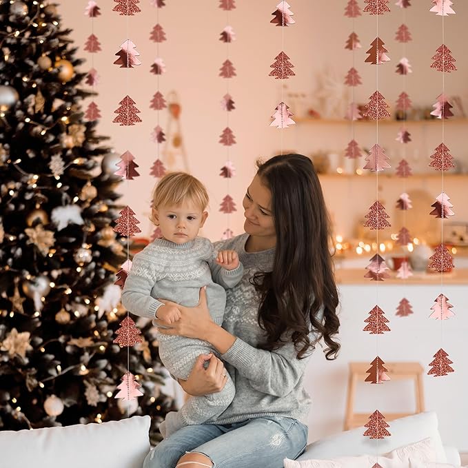 Cheerland Rose Gold Christmas Tree Garland Happy Holidays Banner Woodland Theme Party Decoration Xmas Hanging Backdrop Christmas Banner Wall Decor for Winter Birthday Party New Year Decorations