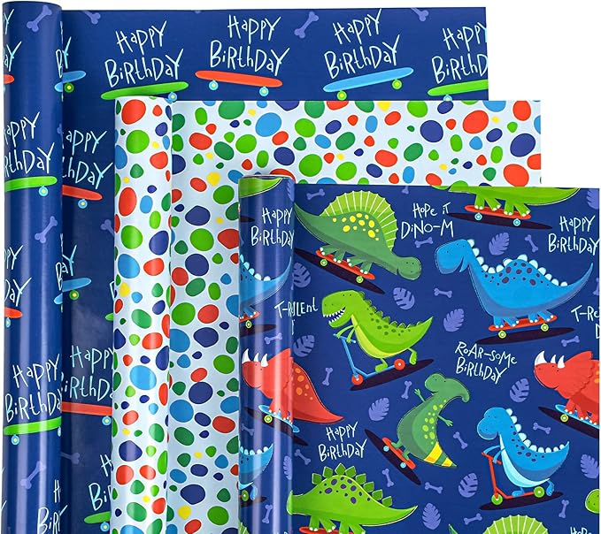 WRAPAHOLIC Dinosaur Wrapping Paper Roll - Mini Roll - 3 Rolls - 17 Inch X 120 Inch Per Roll - Happy Birthday Dinosaurs Design for Kids Birthday, Baby Shower