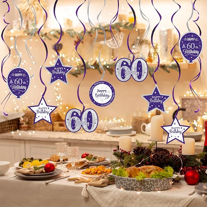 Happy 60th Birthday Purple & Silver Glitter Swirls Streamers Party Decorations - 15 Pcs 60th Birthday Hanging Swirls Streamers Kit,Cheers to Sixty Years Old Bday Party Sign.