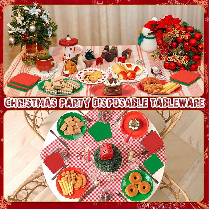 120 Pcs Christmas Paper Plates and Napkins Party Supplies Bulk Disposable 7 Inch Scalloped Plates Cocktail Napkins for Xmas Holiday Wedding Birthday Decoration, Serve 60 Guests(Red and Green)