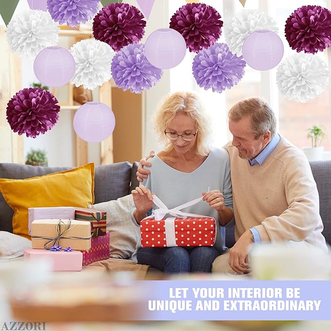16 Pcs Purple Tissue Paper Pom Poms Set – Purple Decorations for Party with Pom Poms, Flowers & Lanterns – Elegant Reusable Decor with Soft Lavender Tones for Weddings, Events & Party Decorations