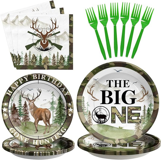 96Pcs The Big One Hunting 1st Birthday Party Decorations The Big One Plates and Napkins Disposable Hunting Camo Tableware Set for Boy Gone Hunting Deer Camo Theme First Birthday Party Supplies Serve24