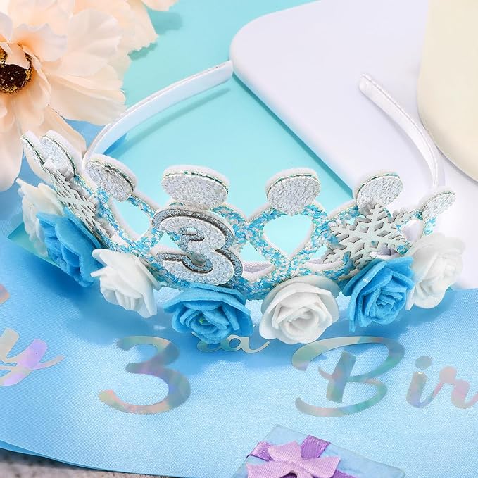 CUBACO 3rd Birthday Crown Headband and Sash, 3 Year Old Girl Birthday Gift for Blue Princess Crown, Frozen Party Decorations Favors for Girls Outfit