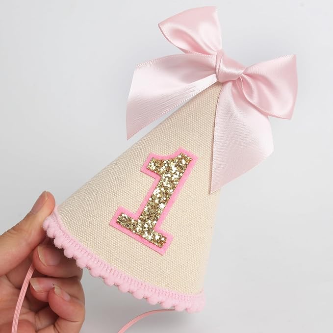 Pink Bow 1st Birthday Hat For Girl -Pink Girls First Birthday Decorations,Princess Theme Photo Prop,Size: 5.5×3.1 In