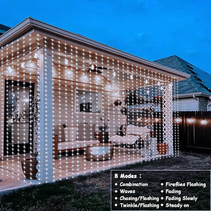 echosari Curtain Lights Battery Operated, 200 LED Curtain Fairy Lights 6.6×6.6ft with Remote Timer Outdoor Wall Light Fully Waterproof for Wedding Backdrops Bedroom Decor (Cool White)