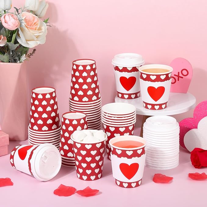 AimFun 50Pcs Halloween Ghost Disposable Coffee Cups with Lids and Sleeves 8oz Ghost Spooky Paper Party Cups Black White Boo Cold Hot Drinking Cups for Birthday Halloween Party Supplies (Hearts)