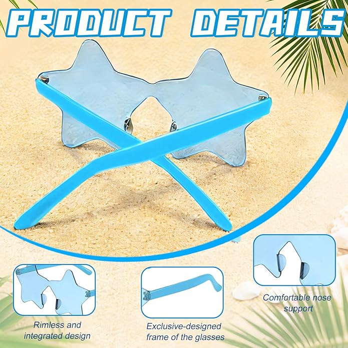 9 Pack Star Sunglasses, Colorful Rimless Star Shaped Glasses, Unisex Party Favors Supplies for Beach, Pool, Outdoors