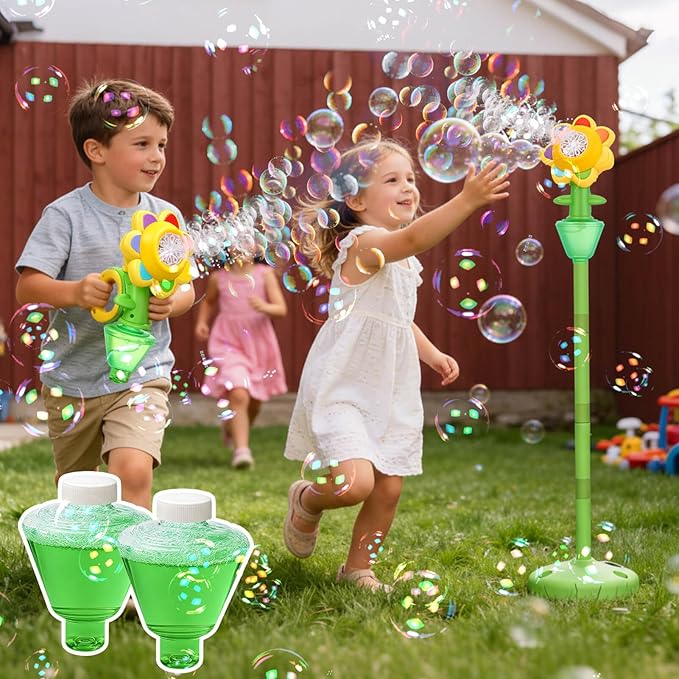 AIERSA 2 Pack Flower Bubble Stand Machine,Sunflower Bubble Maker with Lights, Height Adjustable Rechargeable Automatic Bubble Blower for Outdoor Backyard Party