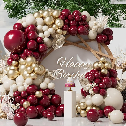 SUWEN 153Pcs Burgundy Balloons Garland Arch Kit with Dark Maroon Foil Burgundy Sand White and gold Balloons for Happy Birthday Christmas Wedding Valentines Party Decorations