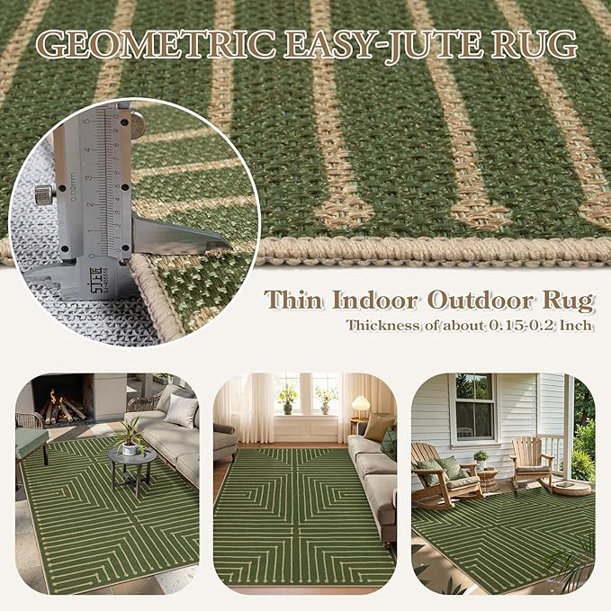 Lahome Neutral Geometric Green Easy Jute Rug, 5x7 Outdoor Rug Washable Carpet for Living Room, Farmhouse Rhombus Non Slip Non Shedding Low Pile Dining Room Carpet for Under Table Bedroom Patio