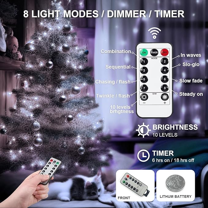 Aogist 50LED Fairy Lights 16ft Dual Power(USB/Battery) with Remote & Timer, 8 Modes Flexible Copper Wire Waterproof String Lights for Outdoor Christmas Wedding Bedroom Party Decor-1 Pack,White