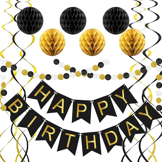 Black Birthday Decorations, Happy Birthday Banner Black Gold Birthday, Black Birthday Supplies Birthday for Men Boys
