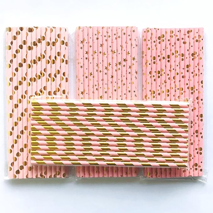 100 pcs Mixed Biodegradable Colorful Party Paper Straws, Metallic Gold Foil Light Pink Stripe Dot Star Drinking Straws, Girl Baby Bridal Shower Birthday Wedding Cake Pop Sticks (Light Pink Gold Foil)