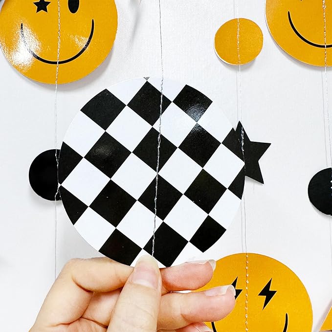 One Happy Dude 1st Birthday Decorations Black Yellow Smile Face Lightning Star Checkered Circle Dot Smiley Face Garland Streamer for Baby Shower First Birthday Wedding Hippie Party Decoration Supplies