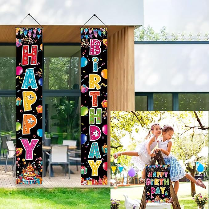 3 PCS Colorful Happy Birthday Banner Door Porch Sign Photography Black Background Party Supplies for Kids Boys Girls Birthday Party Supplies Indoor Outdoor Decor(Black)