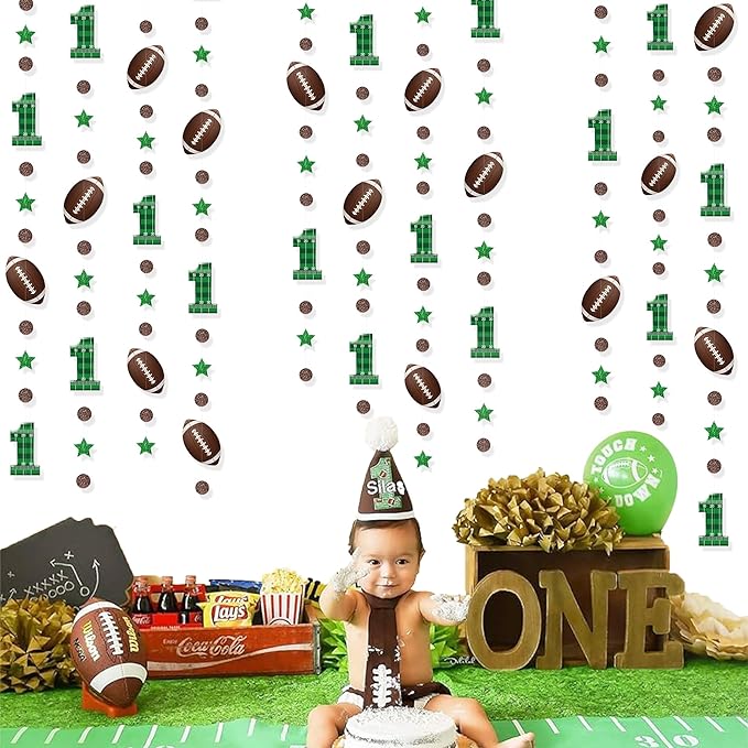 Pinkblume Football 1st Birthday Party Decorations - Glitter Star Circle Dot Football Theme Garland with Polka Dots, Stars and Streamers for Boys 1st Year Celebration