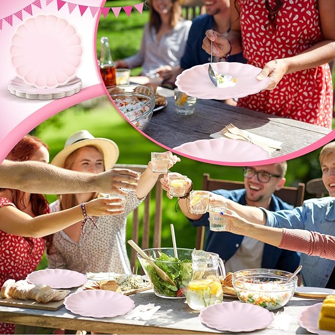 Newtay 30 Pcs Large Scalloped Paper Plates 9.5 Inch Shell Edge Disposable Dinner Plates for Birthday Wedding Baby Shower Party Decorations(Light Pink)