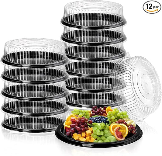 Frcctre 12 Pack 12 Inch Plastic Serving Tray with Lid, Disposable Plastic Food Serving Platters with Clear Dome Lids, Stackable Round Trays for Party, Takeout Food, Catering, Picnic