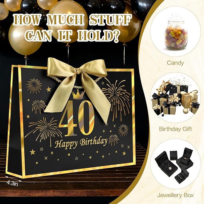 JMANNI Black Gold 40th Birthday Gift Bag with Card and Tissue Paper, 12.6"×9.84"×3.9" Elegant Present Bag for Adults, 40 Year Old Birthday Keepsake Party Supplies