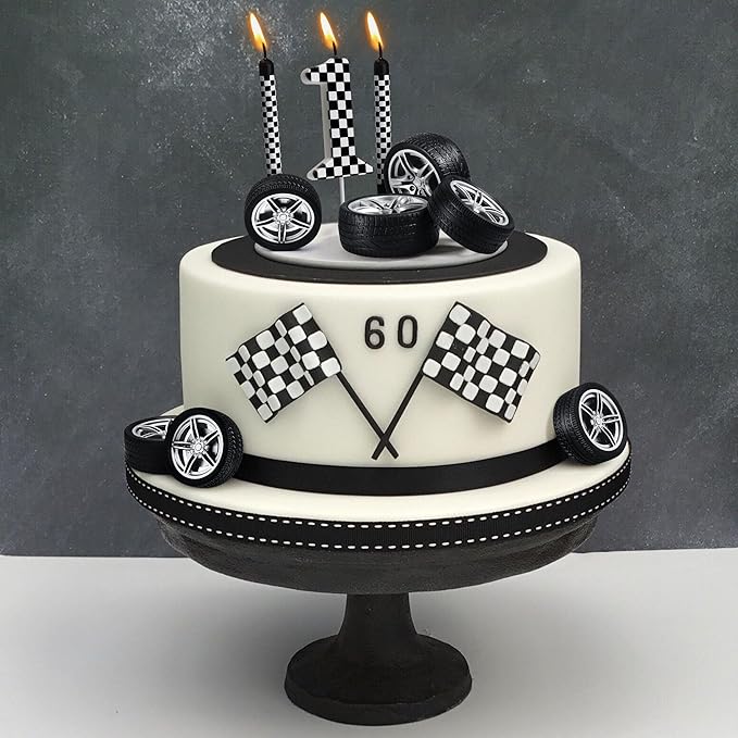 13 Pcs Racing Cars Themed Birthday Candles, Black and White Checkered Birthday Cake Candles, Numeral 1 Candle Wheel Tire for Racing Car Party Decoration Theme Party Supplies (Number 1)