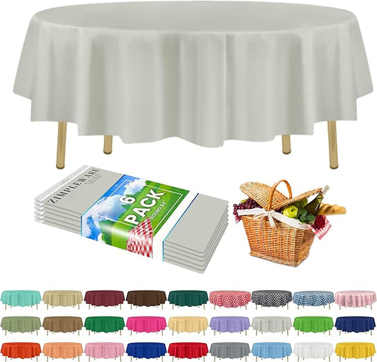 ZIMPLEWARE Premium Light Grey Plastic Table Cloth Disposable (6 Pack) Round Tablecloth (84in) Party Table Cloths Disposable, Perfect Table Cloth Round Cover for Any Table Up to 6 Feet