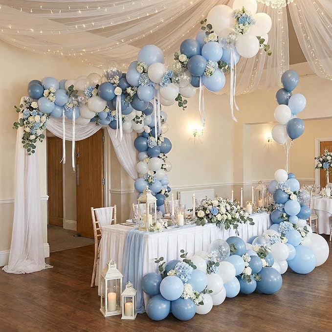 RUBFAC Dusty Blue and White Balloons, Party Balloons for Birthday Baby Blue Clear Balloon 12 Inch, Wedding Baby Shower Gender Reveal Decorations, 65pcs