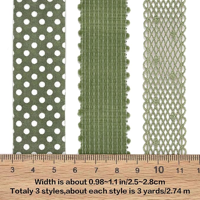 BEEFLYING 3 Styles 9 Yard Olive Green Wire Edged Ribbons Wrapping Decoration 25~28mm×2.7m Spot Ribbons for Wedding Party Decoration Hair Bows Flower Designs Sewing and Craft