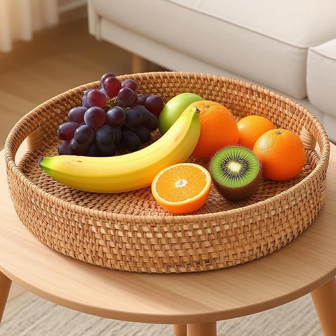 Round Rattan Serving Tray, Natural Wicker Decorative Tray for Serving, Fruit/Bread Serving Basket, Round Woven Tray with Handles.(Large:14inch)