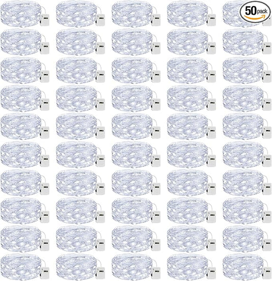 litogo 50 Pack 7FT 20 LED Fairy Lights Battery Operated, 3 Lighting Modes, Bulk Mini Twinkle String Lights Waterproof Silver Wire for Weddings Mason Jars Party Christmas Decorations-Cold White