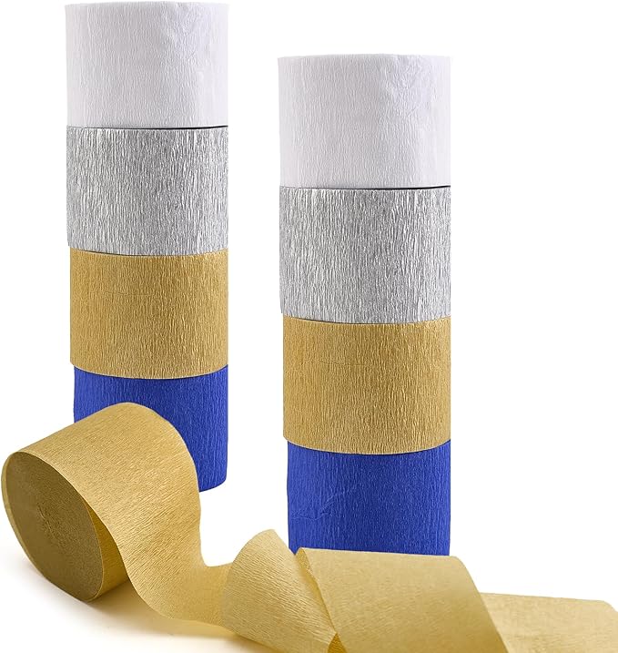 Dqwtb 8 Rolls Navy Blue White Gold Crepe Paper Streamers Royal Blue Party Decorations Streamer Paper Garland for Graduation Birthday Wedding Bridal Shower