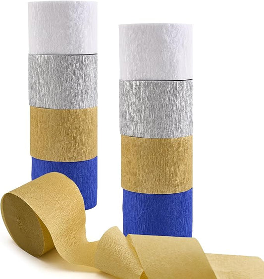 Dqwtb 8 Rolls Navy Blue White Gold Crepe Paper Streamers Royal Blue Party Decorations Streamer Paper Garland for Graduation Birthday Wedding Bridal Shower