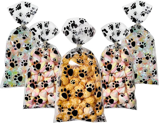 Dog Cellophane Treat Bags, 200PCS Plastic Paw Goodie Bags with Ties for Candy Cookie Gifts, 5x11 Inch Clear Gift Bag for Baby Shower Pet Puppy Birthday Party Decorations Favors Supplies Wrapping