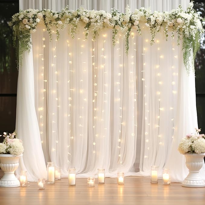 30x10ft White Tulle Backdrop Curtain with Lights String for Parites, Sheer Backdrop Curtains for Wedding Baby Shower Birthday Party Photo Shoot Decorations