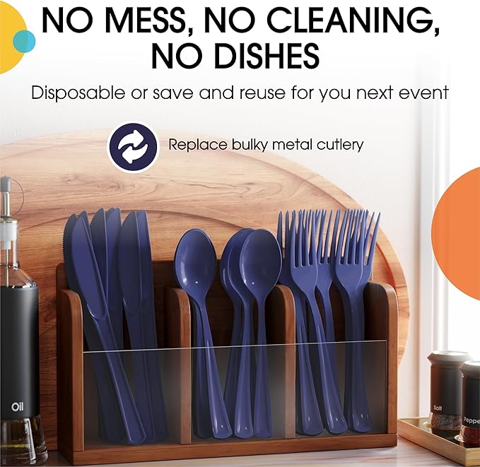 Party Solids Navy Plastic Silverware Heavy Duty 150 Pieces Navy Disposable Silverware Heavy Duty, Utensil Sets, 50 Of Each Forks, Knives & Spoons Disposable Cutlery Set For Party Supplies