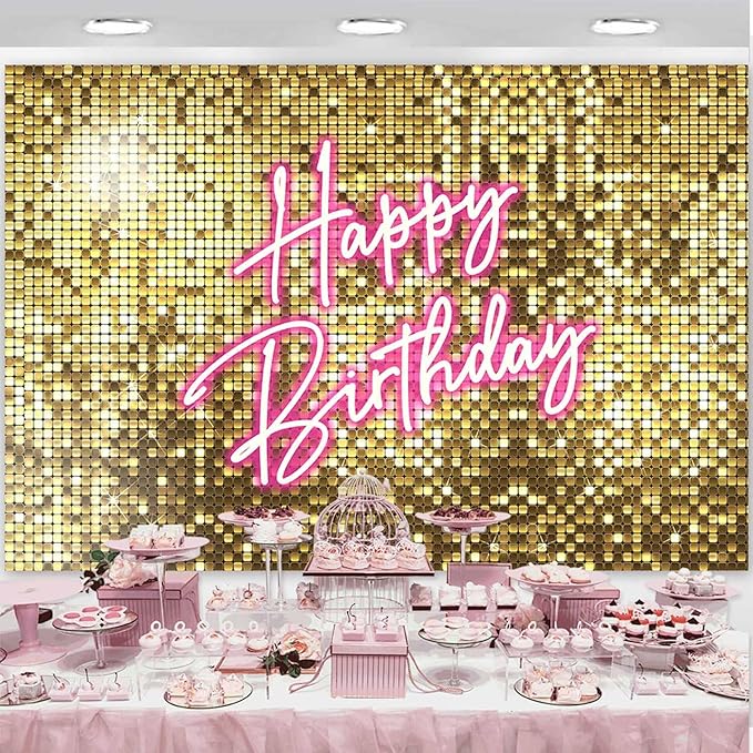 Sensfun Gold Flash Pink Neon Happy Birthday Backdrop for Photography Shining Sequins Shimmer Wall Bday Background Princess Girls Women Birthday Party Decorations Banner Photo Studio Props 10x7ft