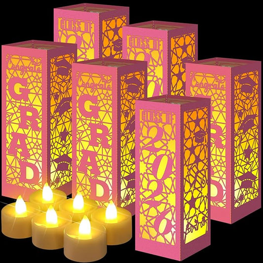 Rossesay 6 Pcs Graduation Table Centerpieces Boxes Class of 2026 Graduation Lanterns for Centerpieces with LED Candles Congrats Grad School College Photo Props for Party Table Decoration (Pink)