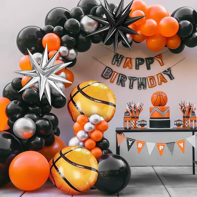 Basketball Balloons Arch Kit, Black Orange Metallic Silver Balloons Garland with Explosion Star and Basketball Foil Balloons for Boy Sport Theme Party basketball Star Teenagers Birthday decoration
