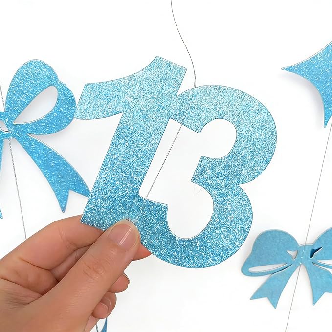 Glitter Blue 13th Bow Birthday Decorations Teal Blue Conquette Bow Garland Streamer Banner Backdrop for Girls Happy 13th Birthday Official Teenager Cheers to 13 Years Old Anniversary Party Supplies