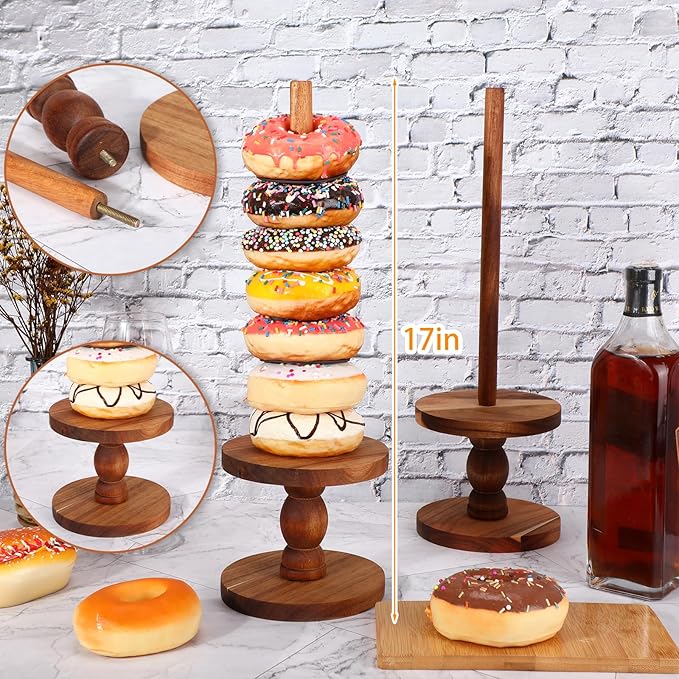 Zhehao 4 Pcs Farmhouse Donut Stand Donut Holder Display Stacker Tower Detachable Doughnut Stand Dessert Tower Tools Serving Decoration Kit for Birthday Wedding Party Decoration(Acacia Wood)